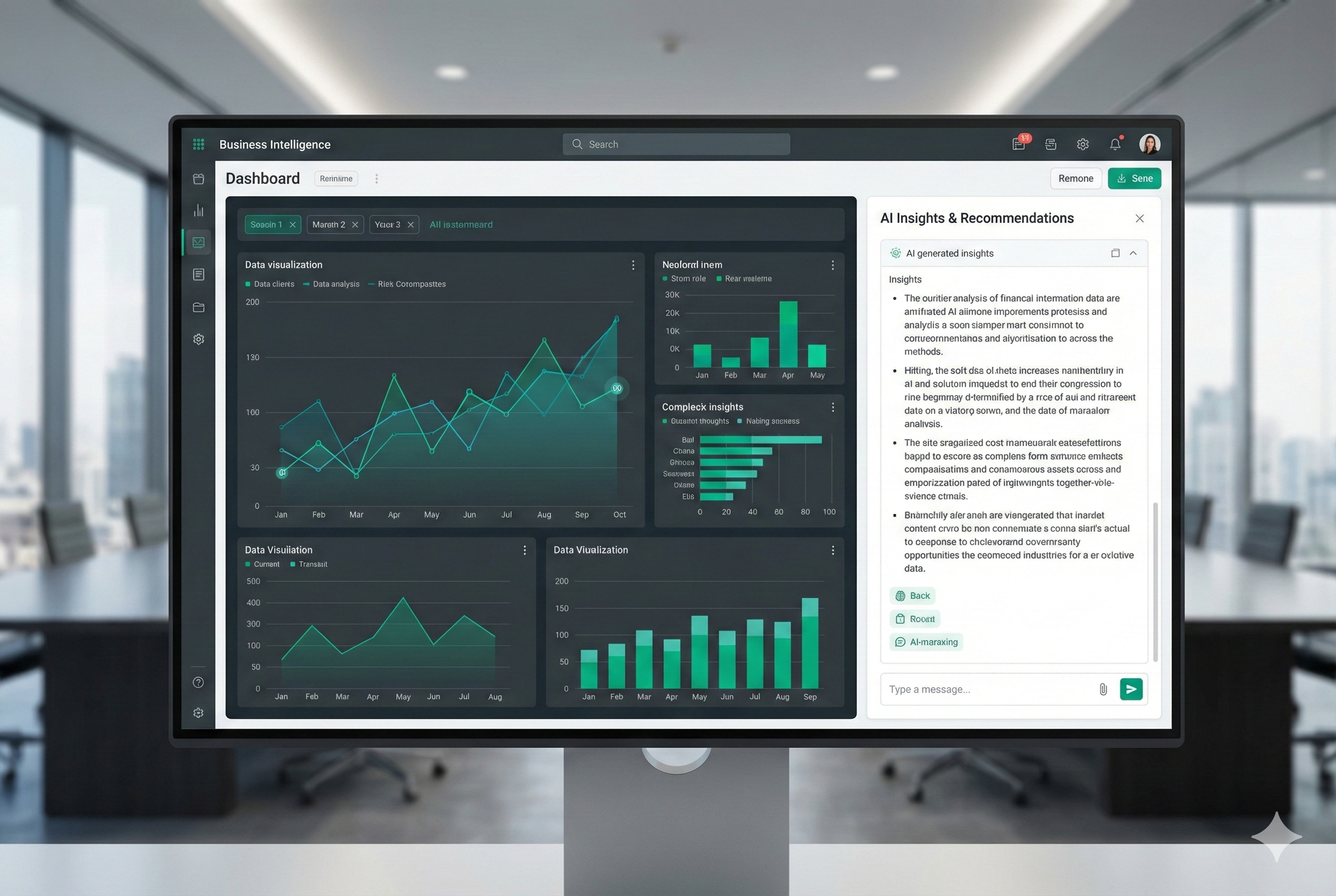 Modern analytics dashboard with charts and a side panel showing AI-generated written insights