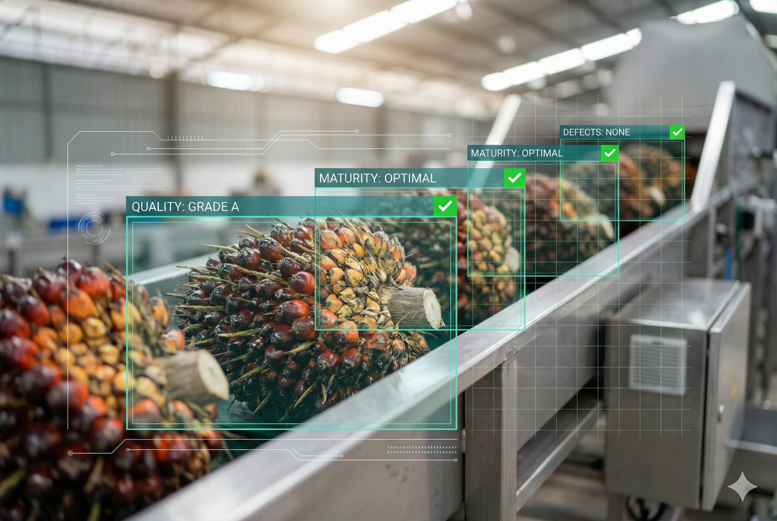 Close-up of palm fruit on a conveyor belt being scanned by computer-vision cameras with AI overlays