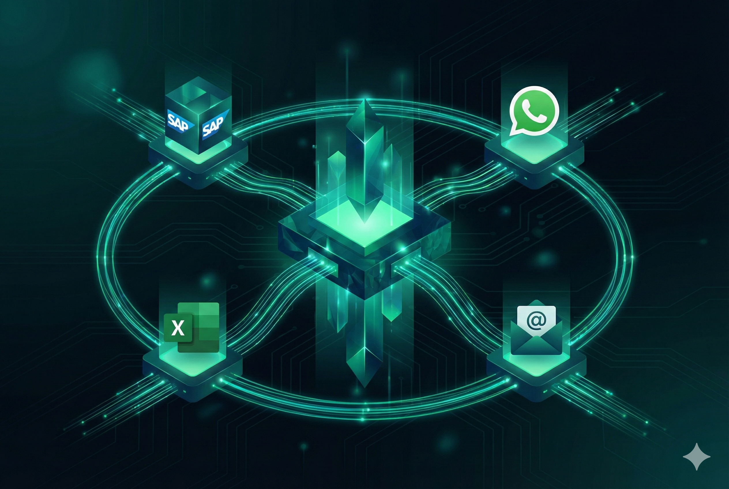 Diagram of interconnected apps and services orchestrated by a central no-code automation platform