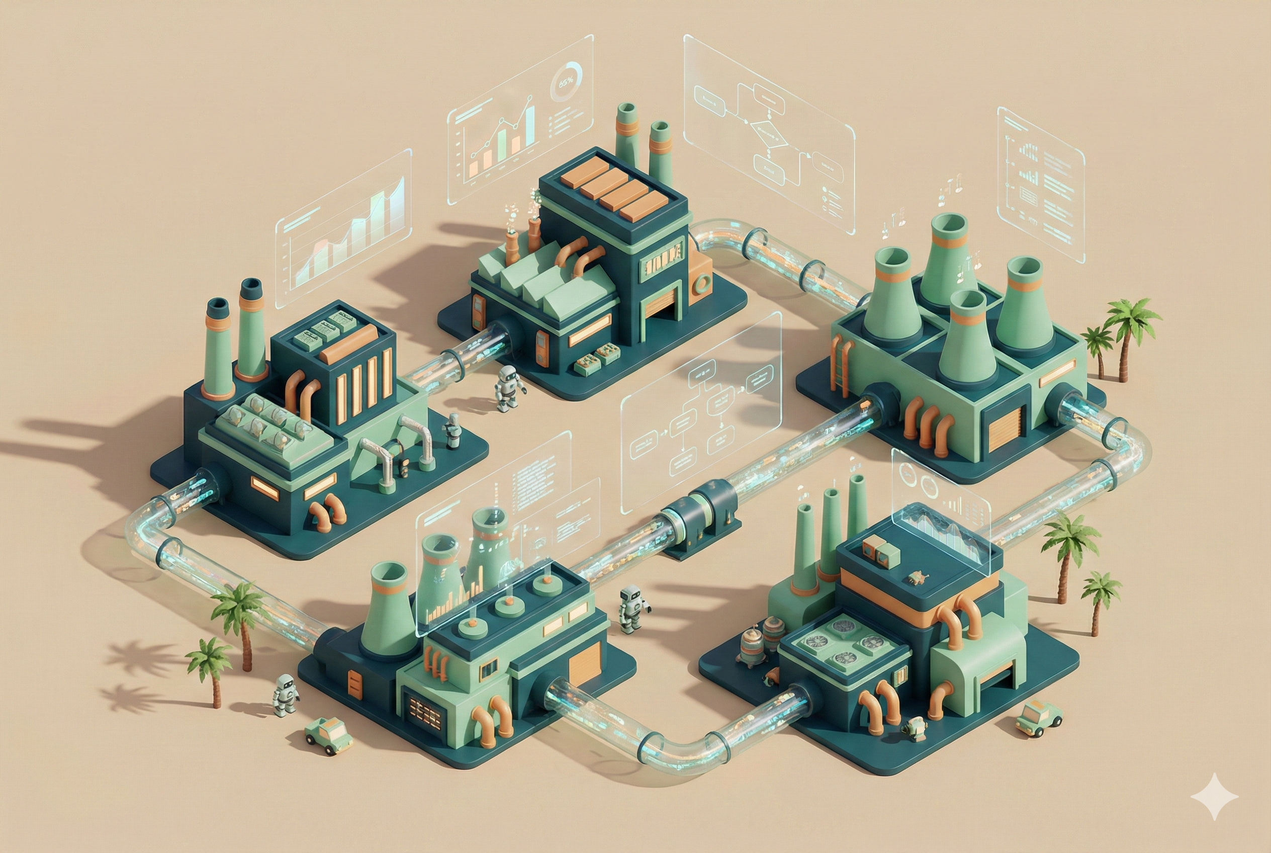 Dashboard-style visualization of a smart AI system orchestrating flows between multiple palm oil extraction plants