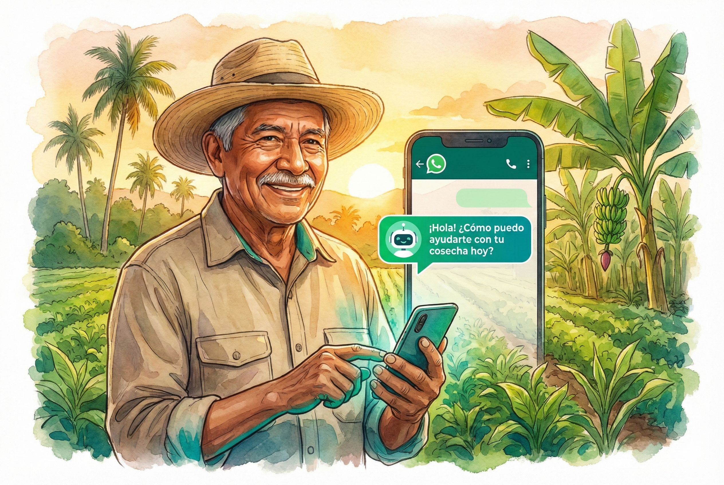 Farmer using a smartphone with a WhatsApp chat open showing an AI assistant